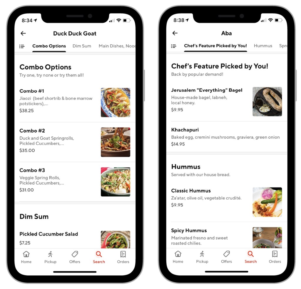 Two different examples of online delivery menu layouts 