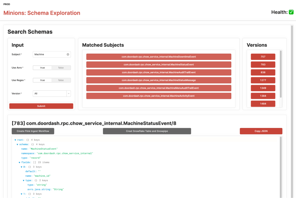 Shows the schema exploration UI where the users can drill down to subjects and versions.
