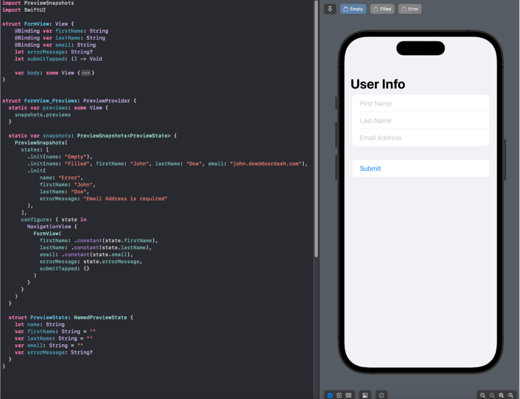 Figure 5: Xcode editor showing SwiftUI View code using PreviewSnapshots for generating Xcode Previews for three different input states alongside Xcode Preview canvas rendering the view using each of those states
