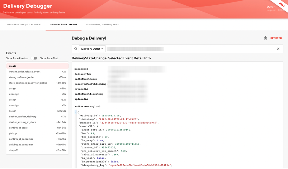 Figure #2: For each event in a delivery, a detailed view is provided indicating which fields in the delivery database have changed as part of this event.